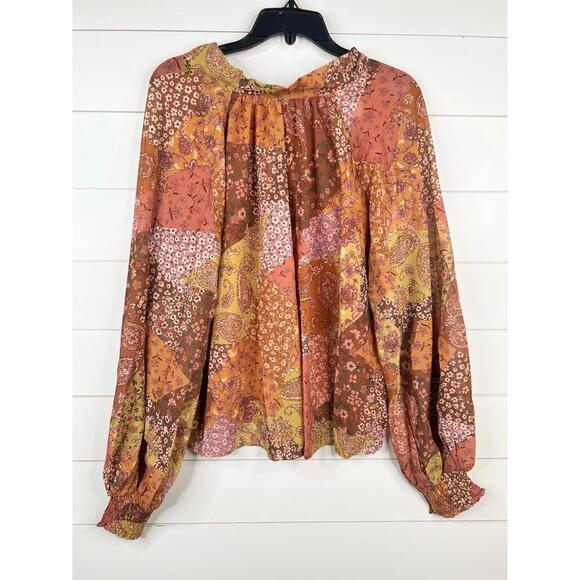 Aura Floral Paisley Patchwork Long Sleeve Peasant Blouse Size L Tie Back - Picture 2 of 12